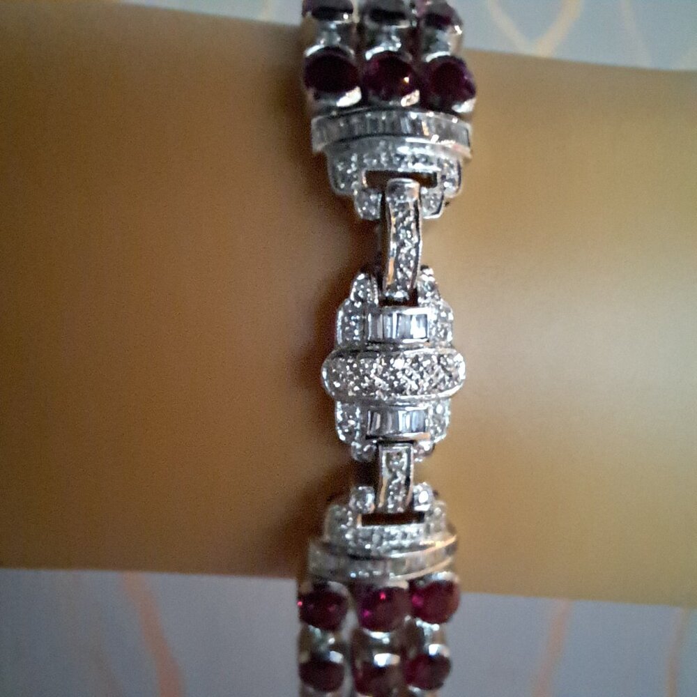 27CT Pigeon Blood Red Burma Ruby & Diamond Bracelet 14K VTG RARE
